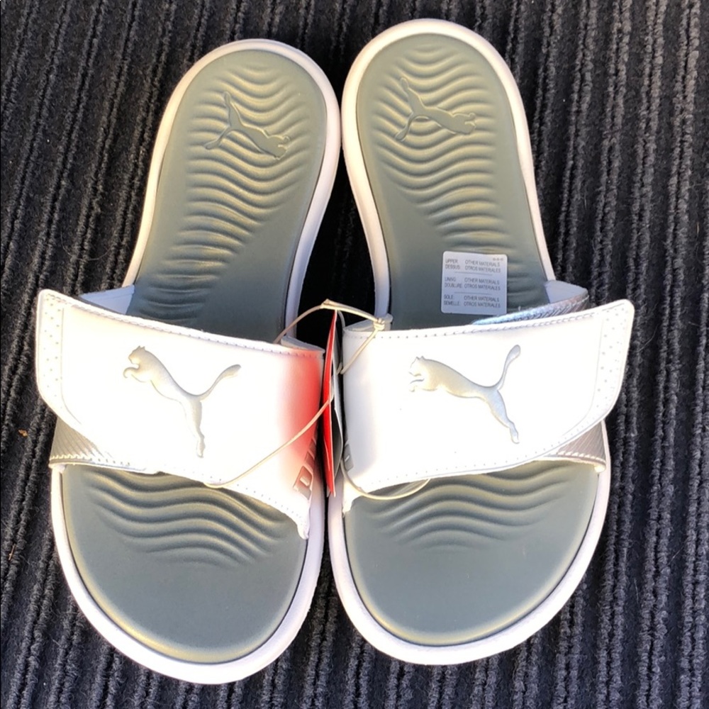 Puma white silver slip on sandals